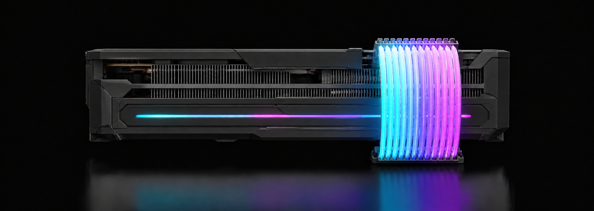 Black gaming graphics card featuring illuminated RGB GPU power cable extensions with vibrant cyan, blue and pink lighting.