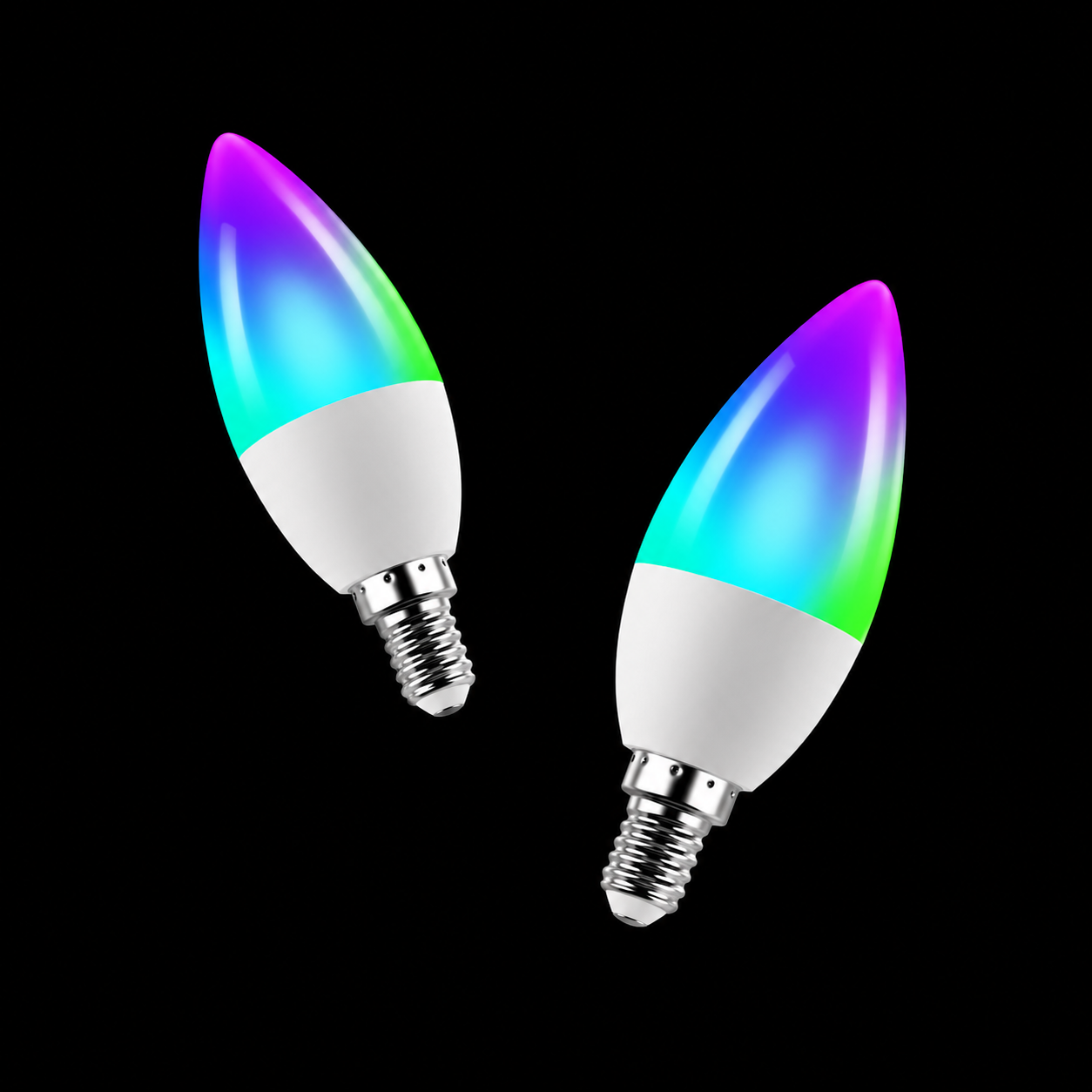 Two Zyko Smart RGB+CCT E14 candle bulbs with vibrant colour lighting on a black background