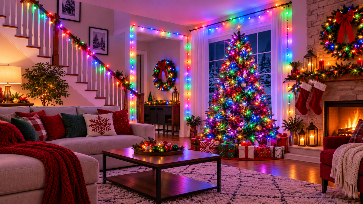Cosy living room with colourful smart Christmas lights, a multicoloured Christmas tree, and festive holiday decorations