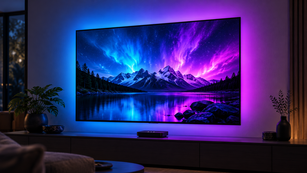 Realistic television backlight setup in a modern home cinema with blue and purple ambient LED lighting