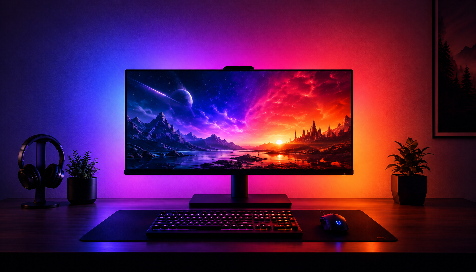 Reactive LED lights behind a monitor matching the screen colours in a gaming setup