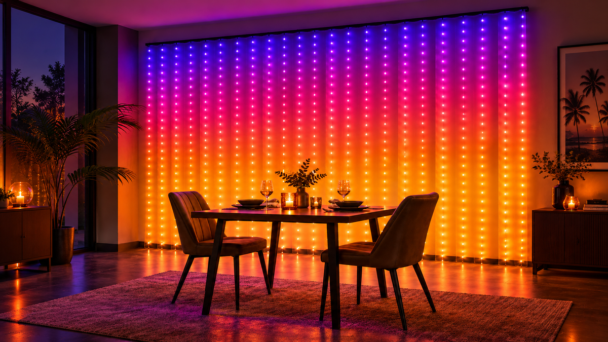 Smart LED curtain lights creating a colourful gradient backdrop behind a dining table