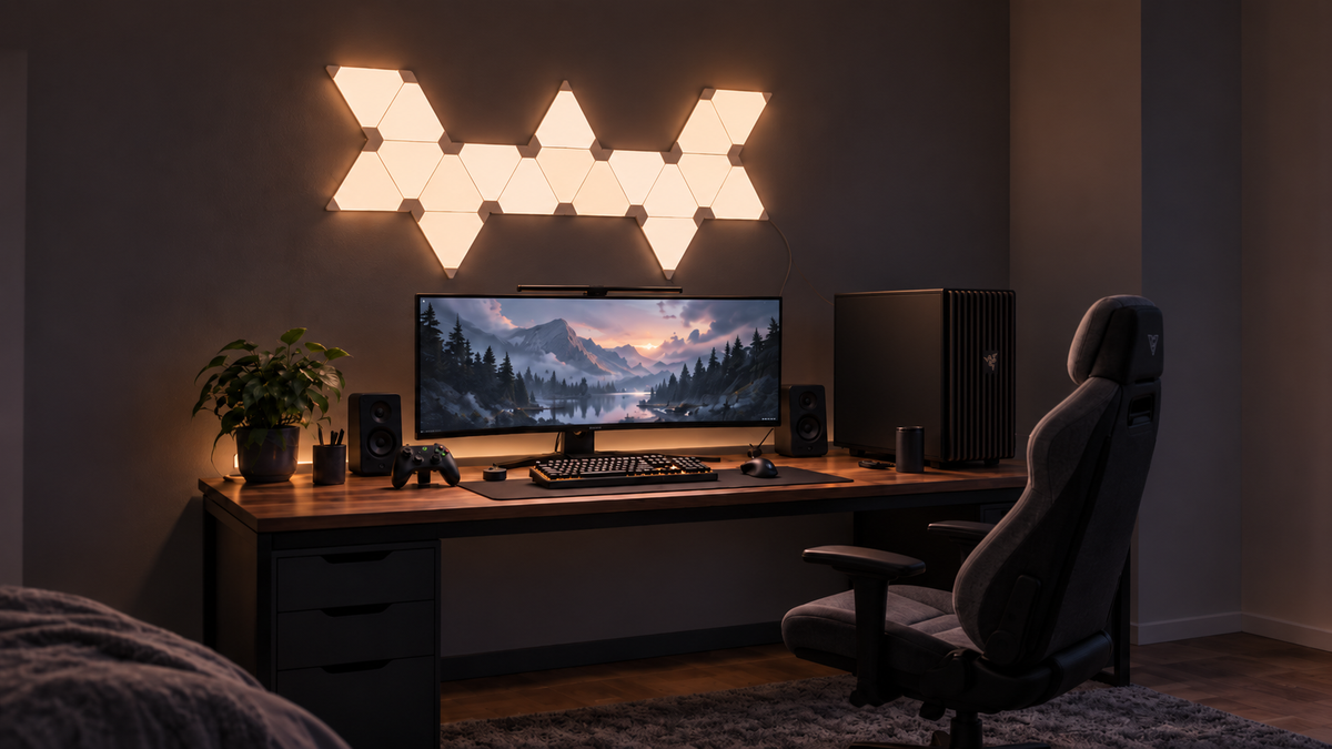 Gaming setup with triangle light panels arranged above a monitor in a modern dark room.