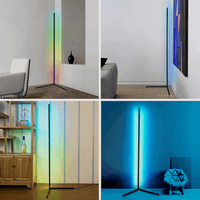 Smart home LED lights showcasing RGB corner lamp placement across living and gaming rooms.