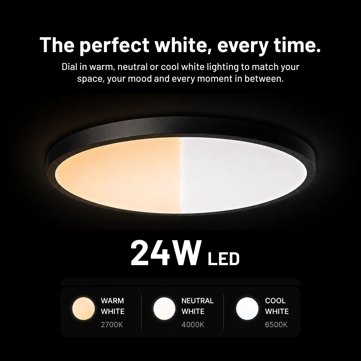 24W smart ceiling light showing warm, neutral and cool white lighting settings