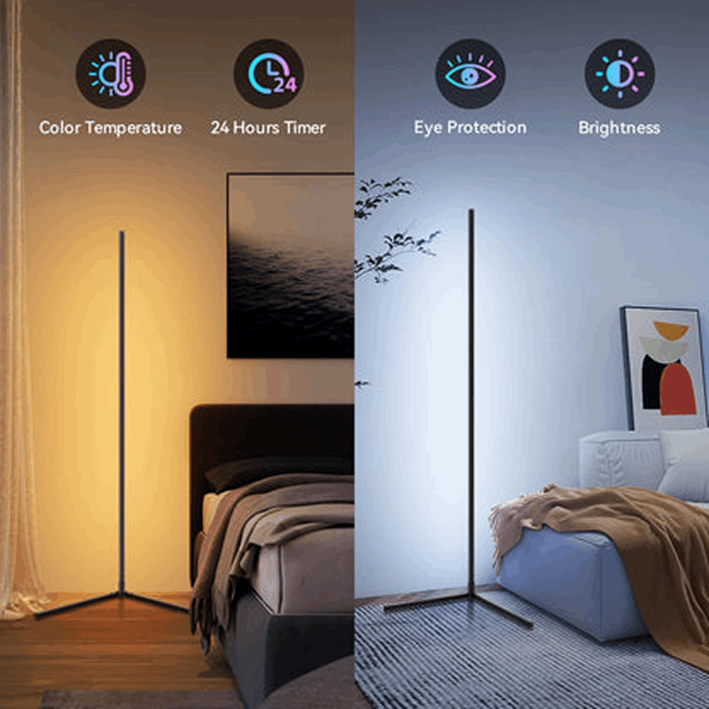 Modern LED corner floor lamp demonstrating different color temperatures and app control modes.