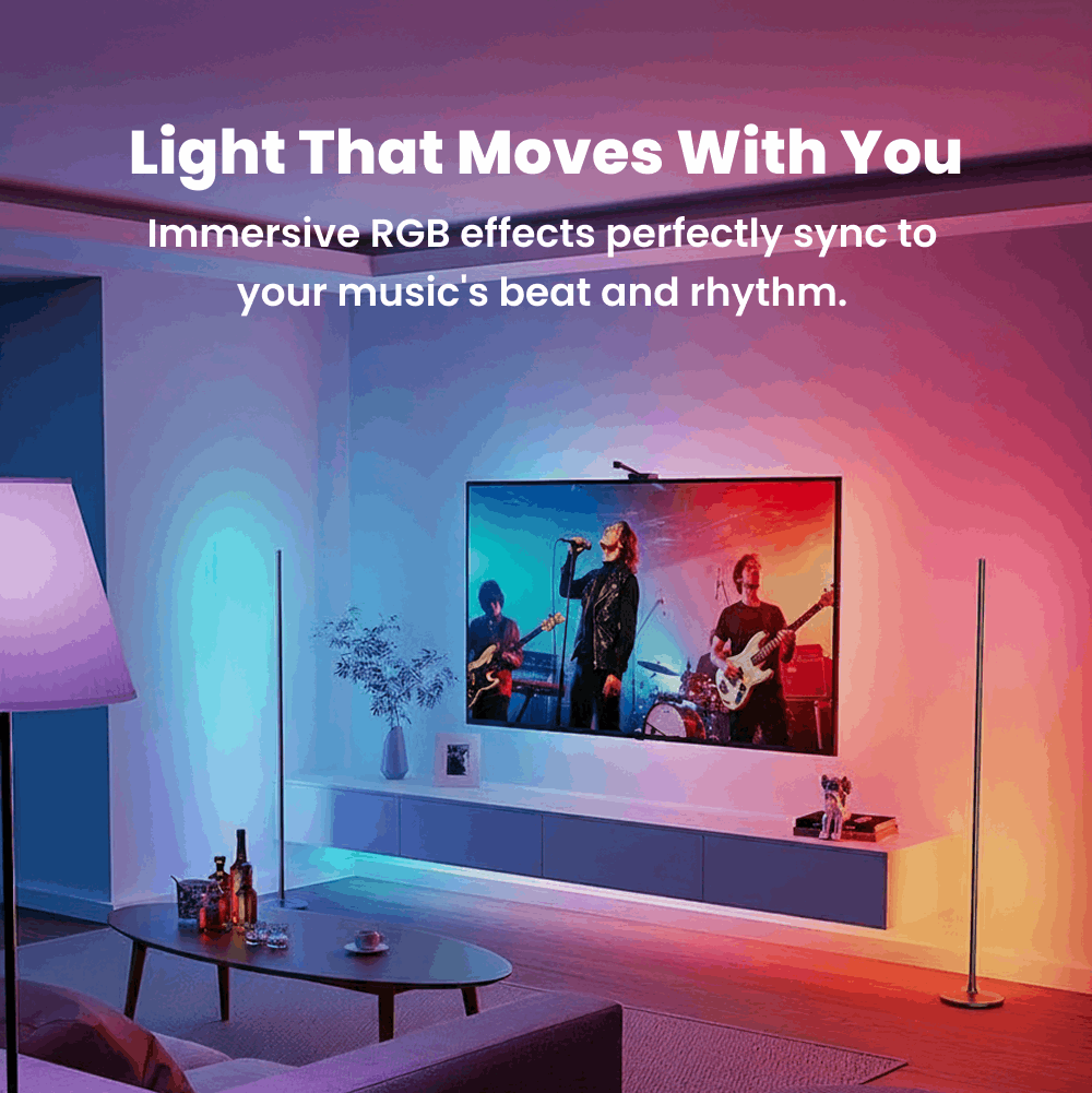 Smart RGB corner floor lamps syncing to music beats through smart light app control for immersive ambient lighting.