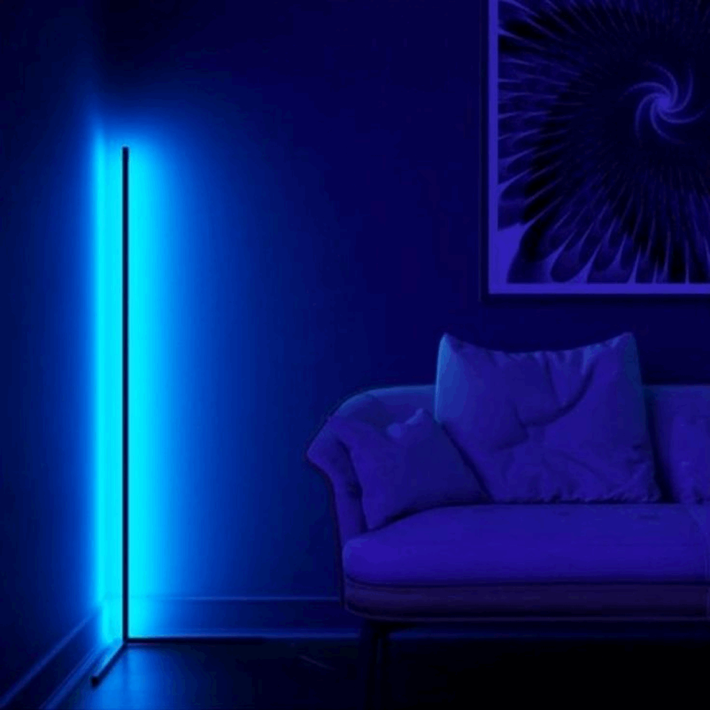Floor lamp ambient light illuminating a modern living room with smart home LED lights.