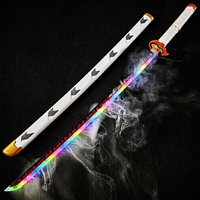 Two LED swords with colorful lights and smoke effect on a dark background