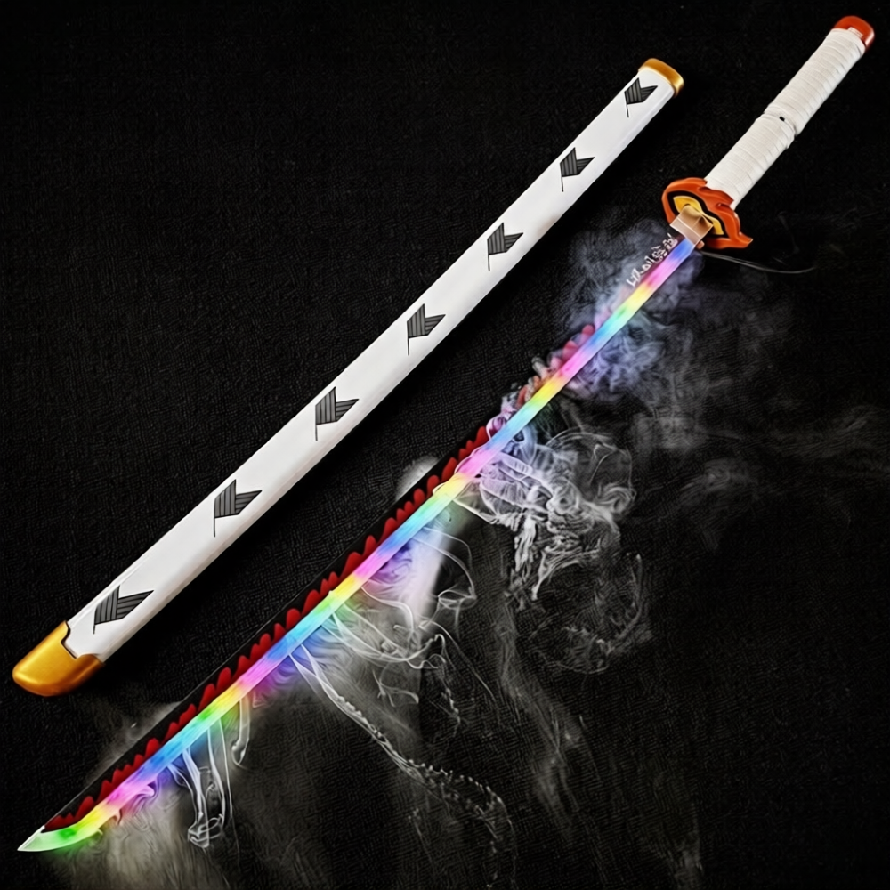 Two LED swords with colorful lights and smoke effect on a dark background
