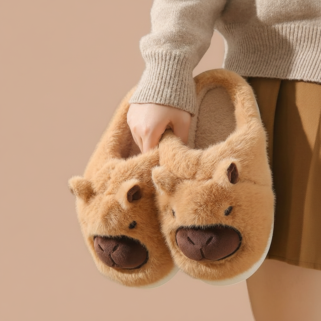 Capybara slippers for women shown in hand.