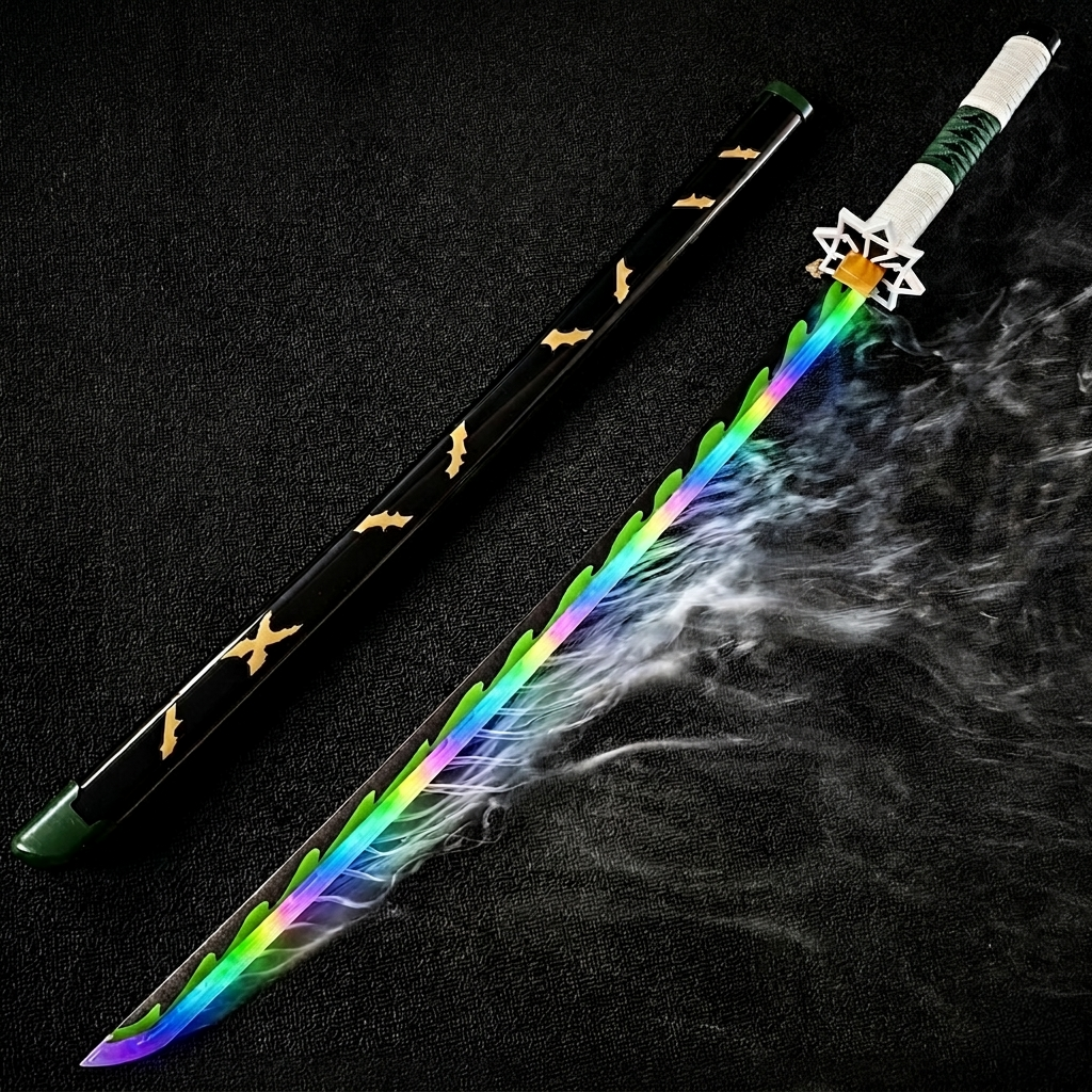 Sword with rainbow blade and black handle on a dark background
