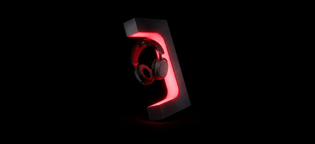 Black gaming headset displayed on a modern headset stand with glowing red LED lighting against a dark background.
