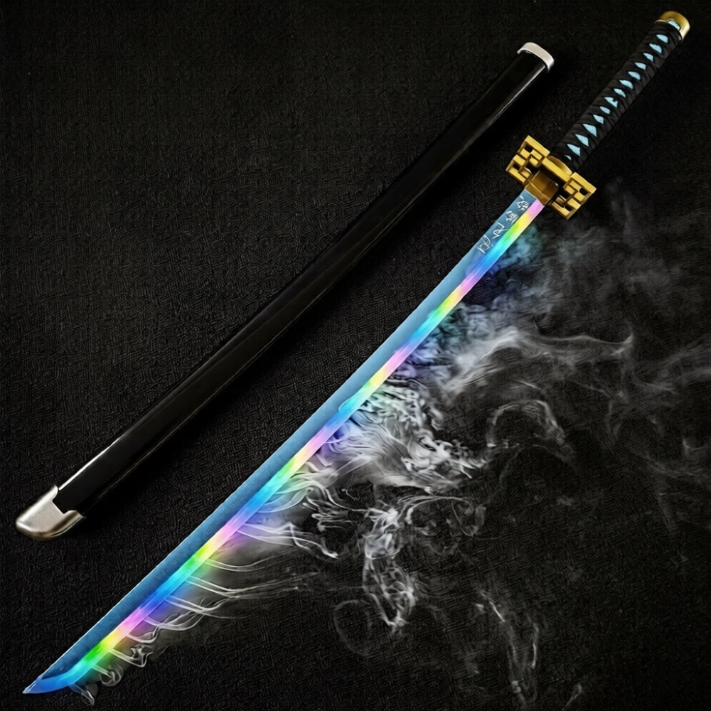 Sword with a colorful blade and black handle on a dark background