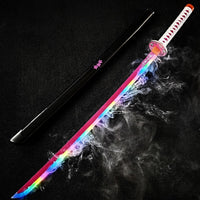 Sword with rainbow blade and black sheath on a dark background