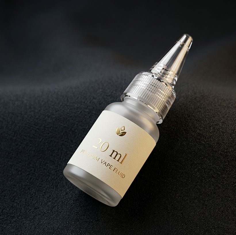 Vape fluid bottle with '20 ml' label on a dark textured background