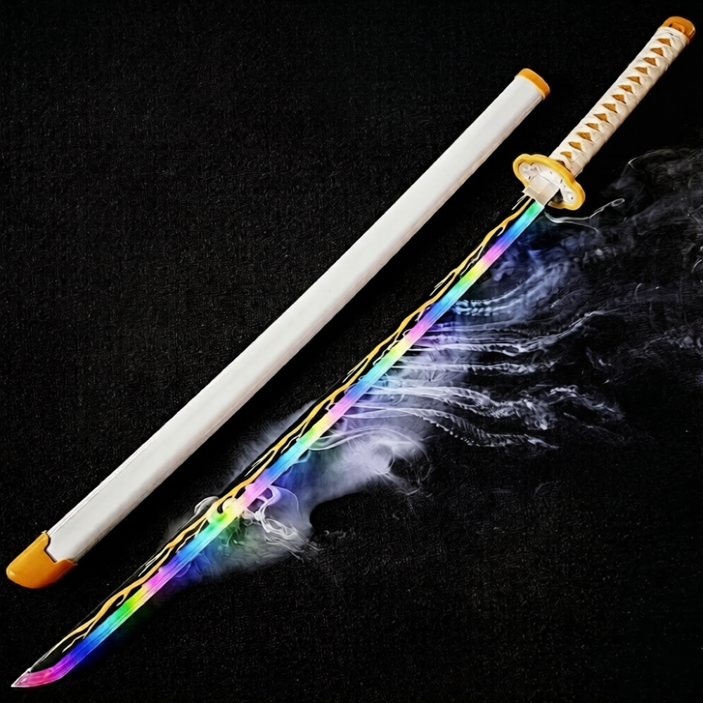 Sword with rainbow blade and white handle on a dark background