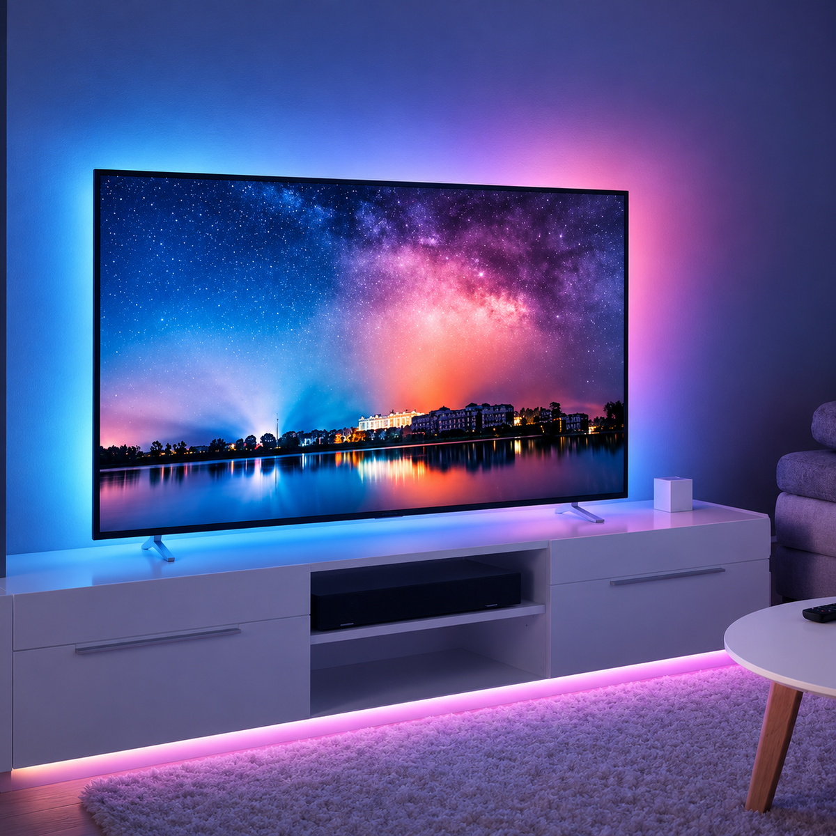 Television displaying a starry night sky with blue and pink ambient lighting illuminating the surrounding living room.
