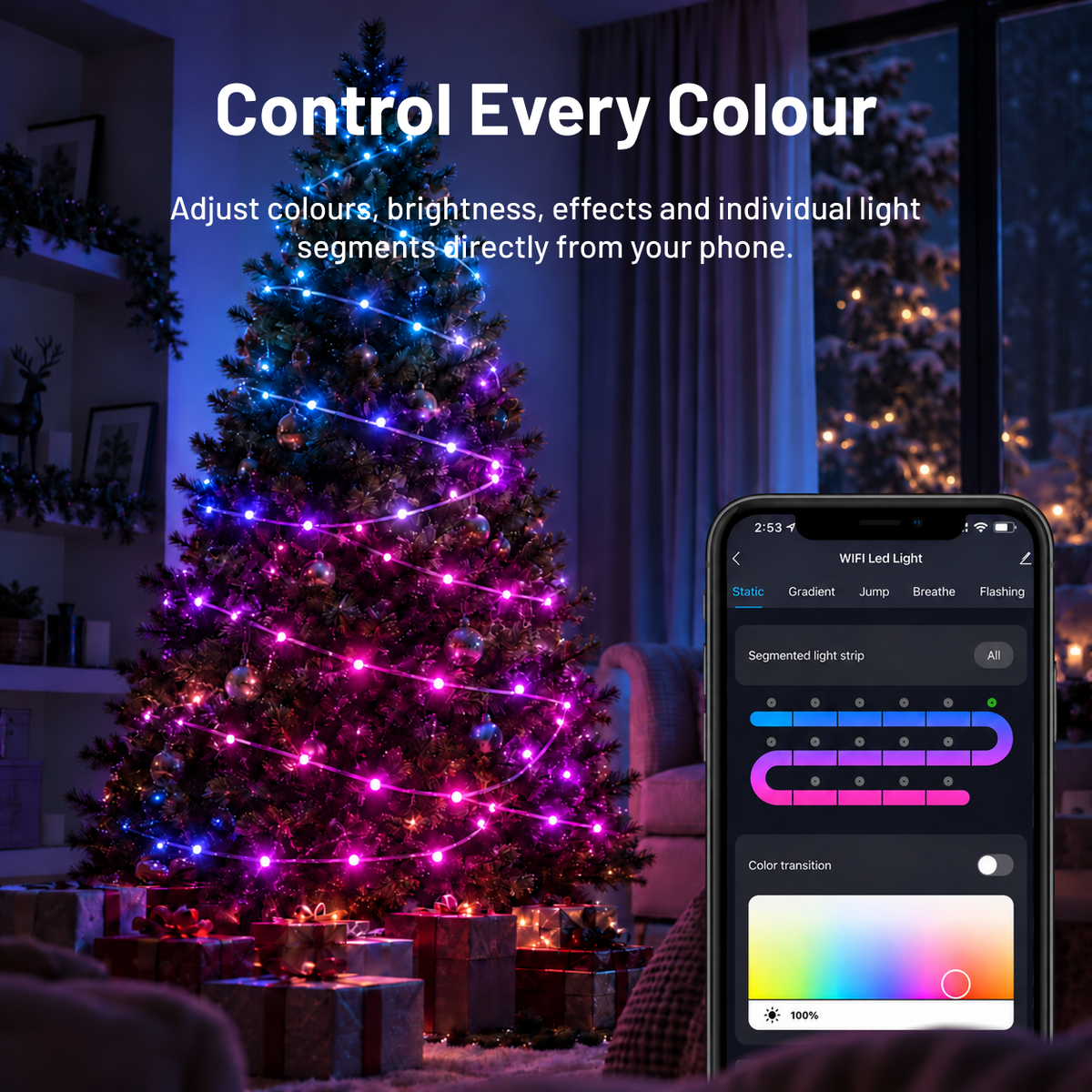 App-controlled Christmas tree lights with custom colours, effects and light segments