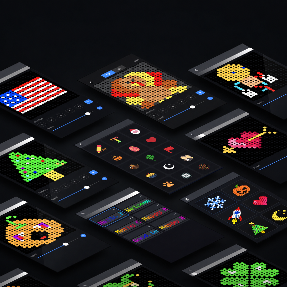 App-controlled curtain lights with custom designs, messages and lighting effects