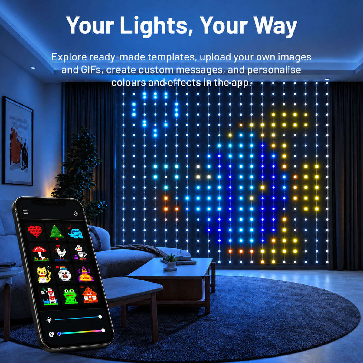 App-controlled curtain lights showing a colourful fish design in a living room