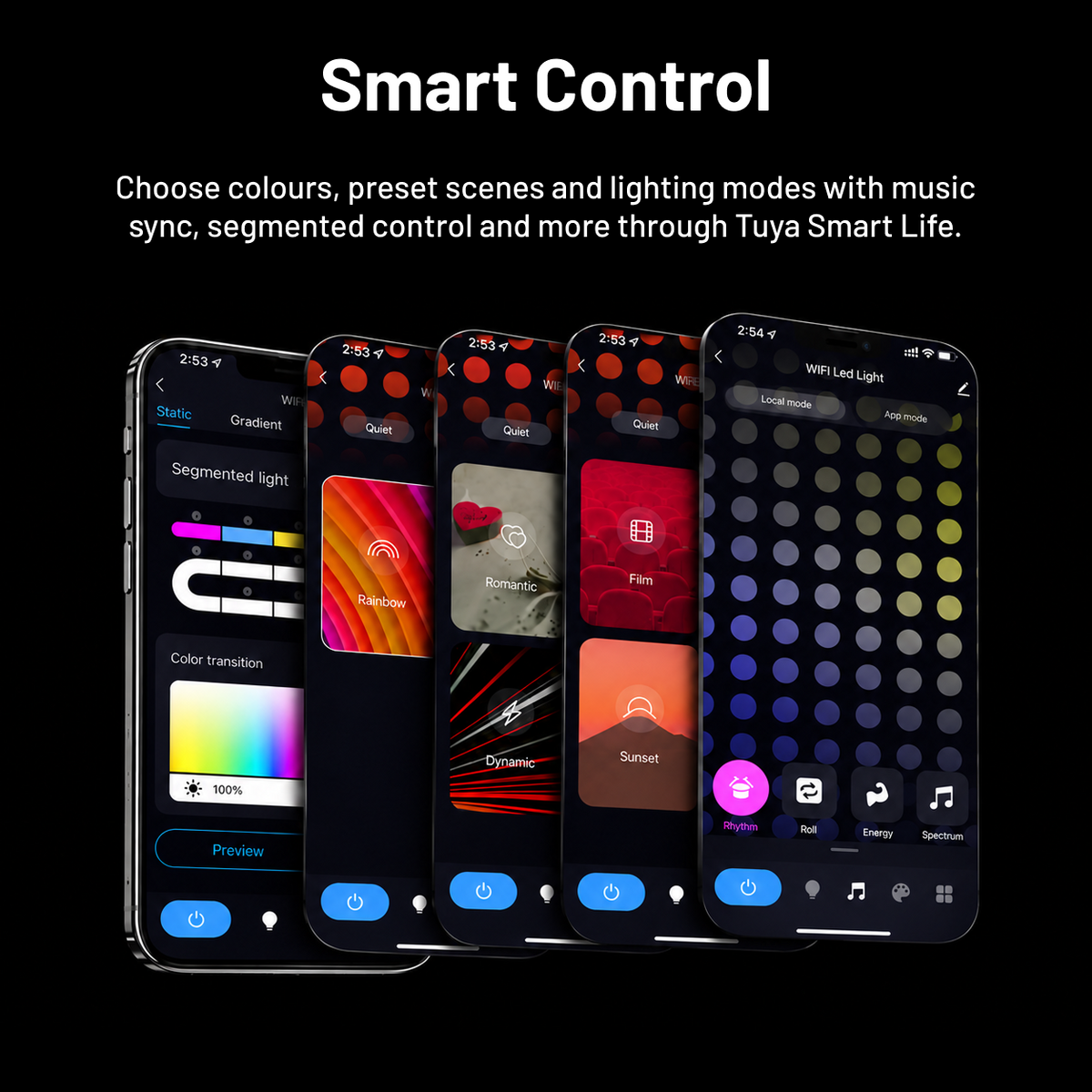 Tuya Smart Life controls for app controlled festoon lights with colours, scenes, music modes and segmented control