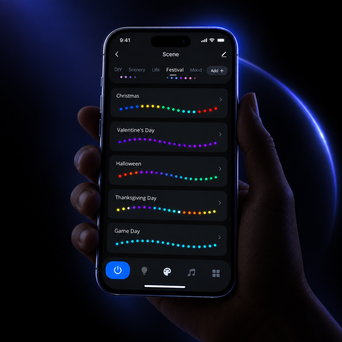Phone showing Tuya Smart Life app controls for Zyko smart festoon lights with scenes and lighting modes