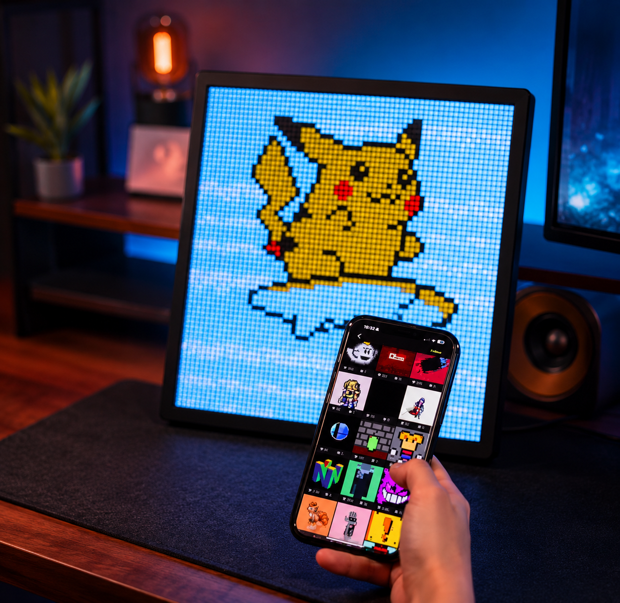 App-controlled LED display showing custom pixel art controlled from a mobile phone