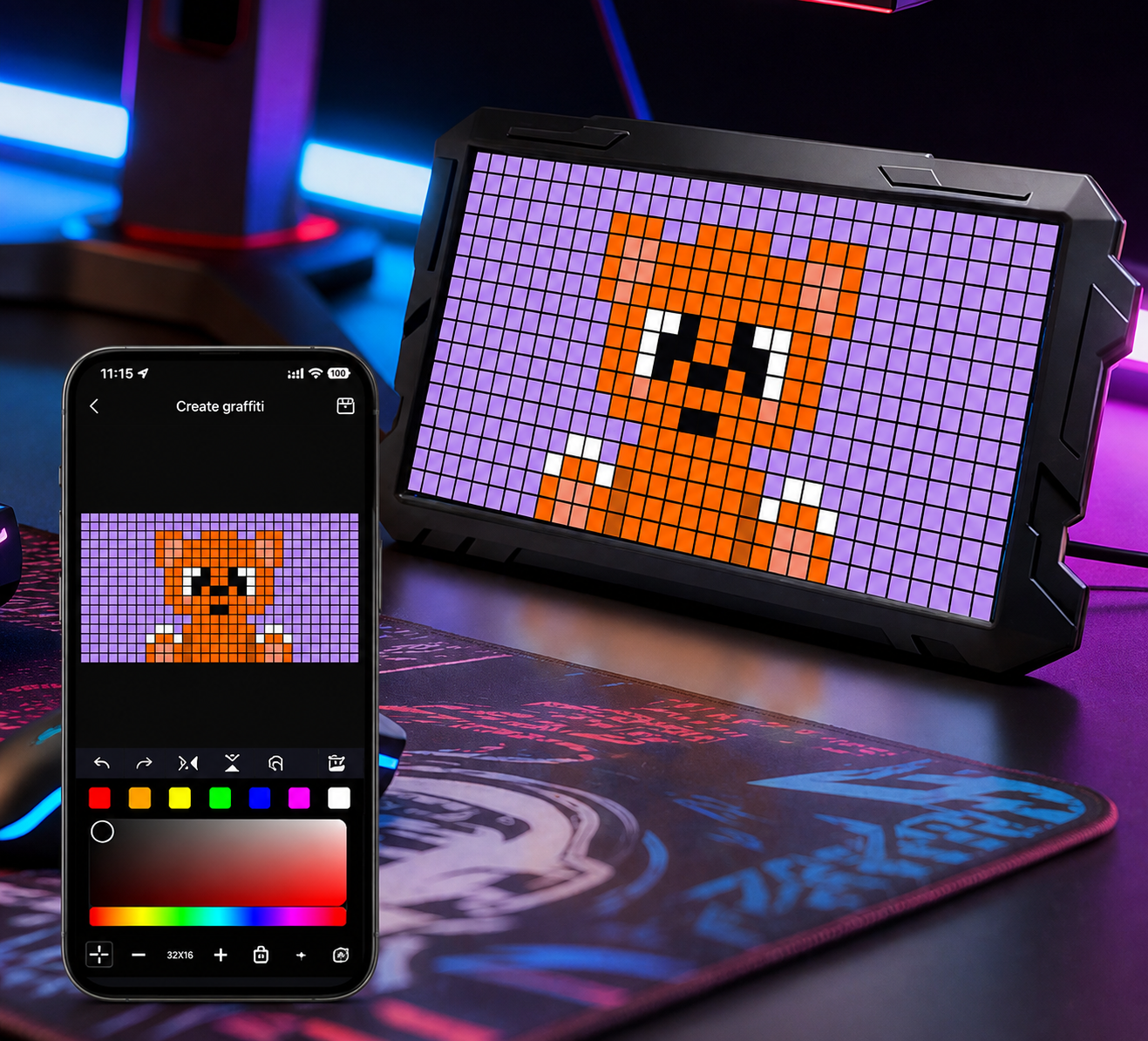 Wide pixel display with smartphone app for creating custom pixel art