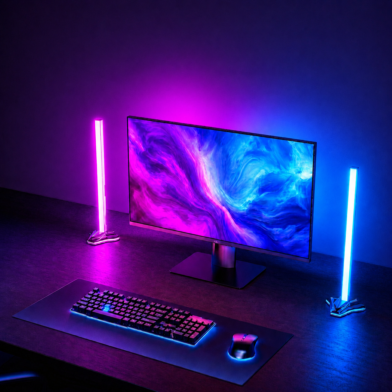 Zyko Atmos Monitor Sync Backlight adding RGBIC screen-synced lighting behind a gaming monitor for a more immersive desktop setup.