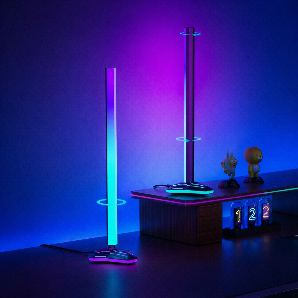 Zyko Atmos Monitor Sync Bars adding RGB desk lighting beside a monitor, creating immersive screen ambience for gaming, streaming and PC setups.