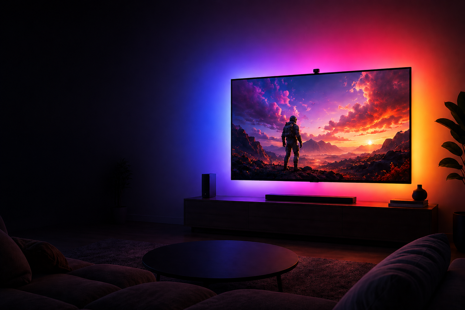 Atmos reactive lighting creating blue and purple ambient light around a gaming desk with an ultrawide monitor