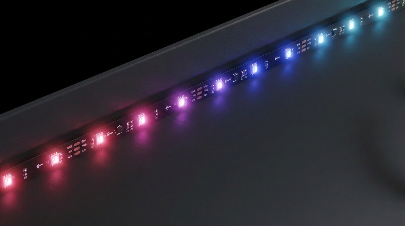 Zyko Atmos TV Backlight Kit creating cinematic RGB lighting behind the television, enhancing films, gaming and home entertainment with immersive ambient glow.