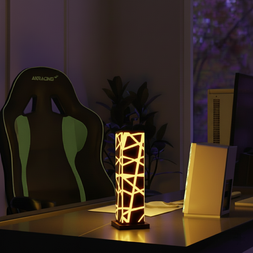Aurora RGB lamp glowing warm tones on a desk, adding soft magic lighting and modern smart home lighting to the space.