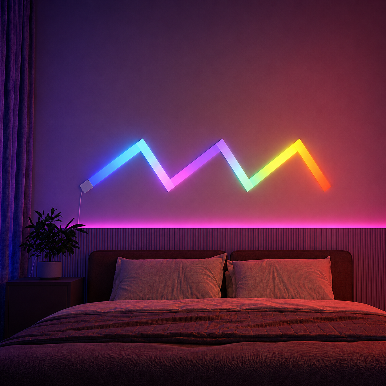 RGBIC smart wall light bars creating a relaxing bedroom lighting setup with app control.