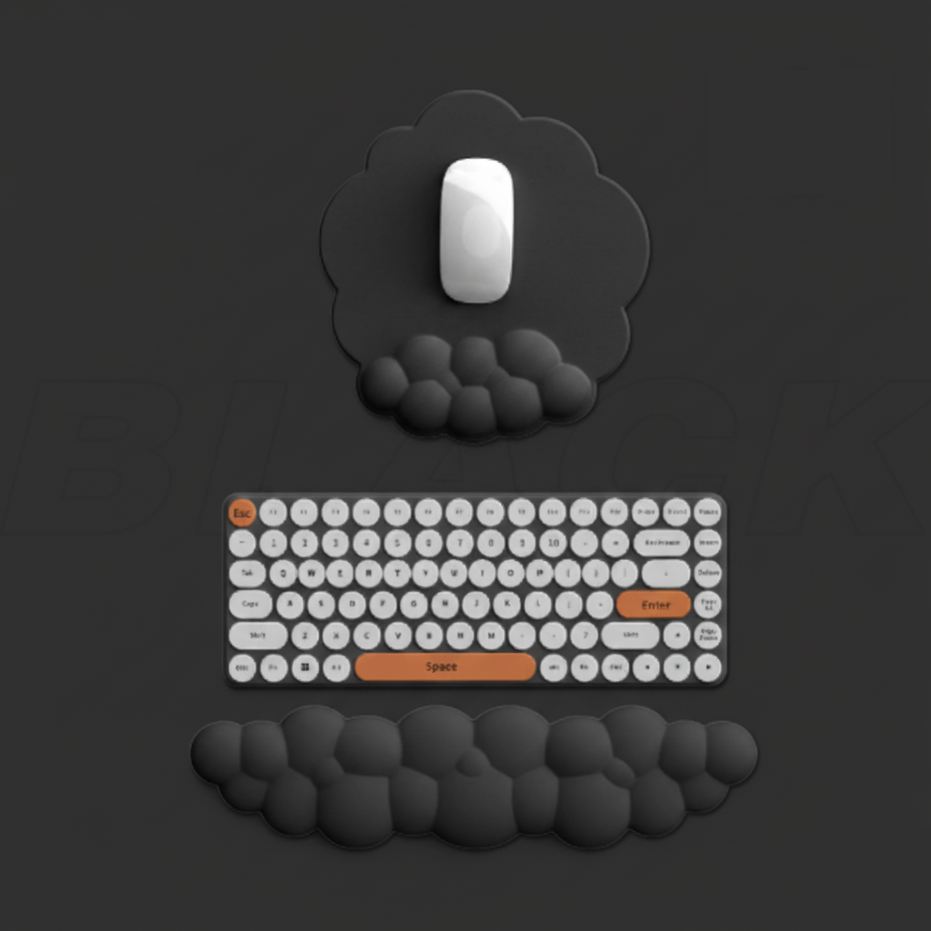 Black foam wrist rest and mouse combination shown on dark desk, suitable for desk kawaii and ergonomic wrist rest for keyboard enthusiasts.