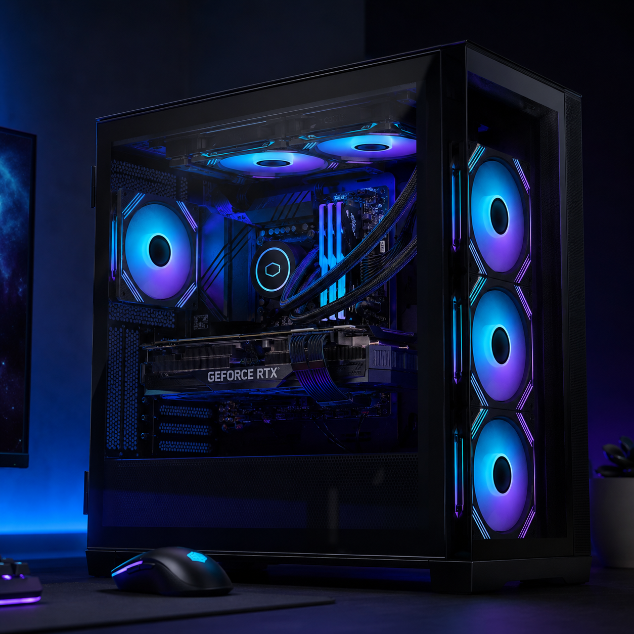 Black gaming PC build with RGB case fans and ARGB lighting
