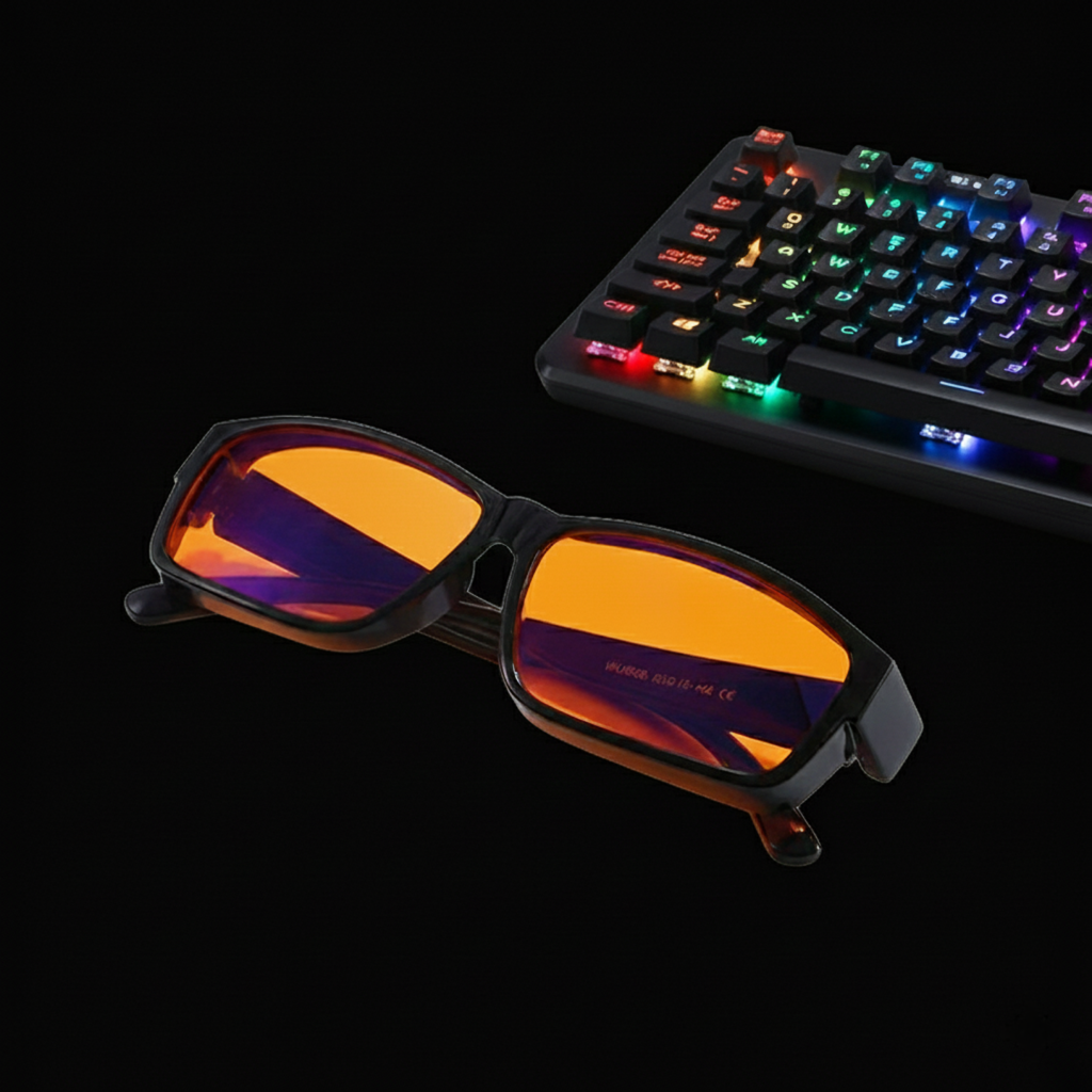 Blue light blocking gaming glasses beside RGB keyboard setup for long gaming sessions