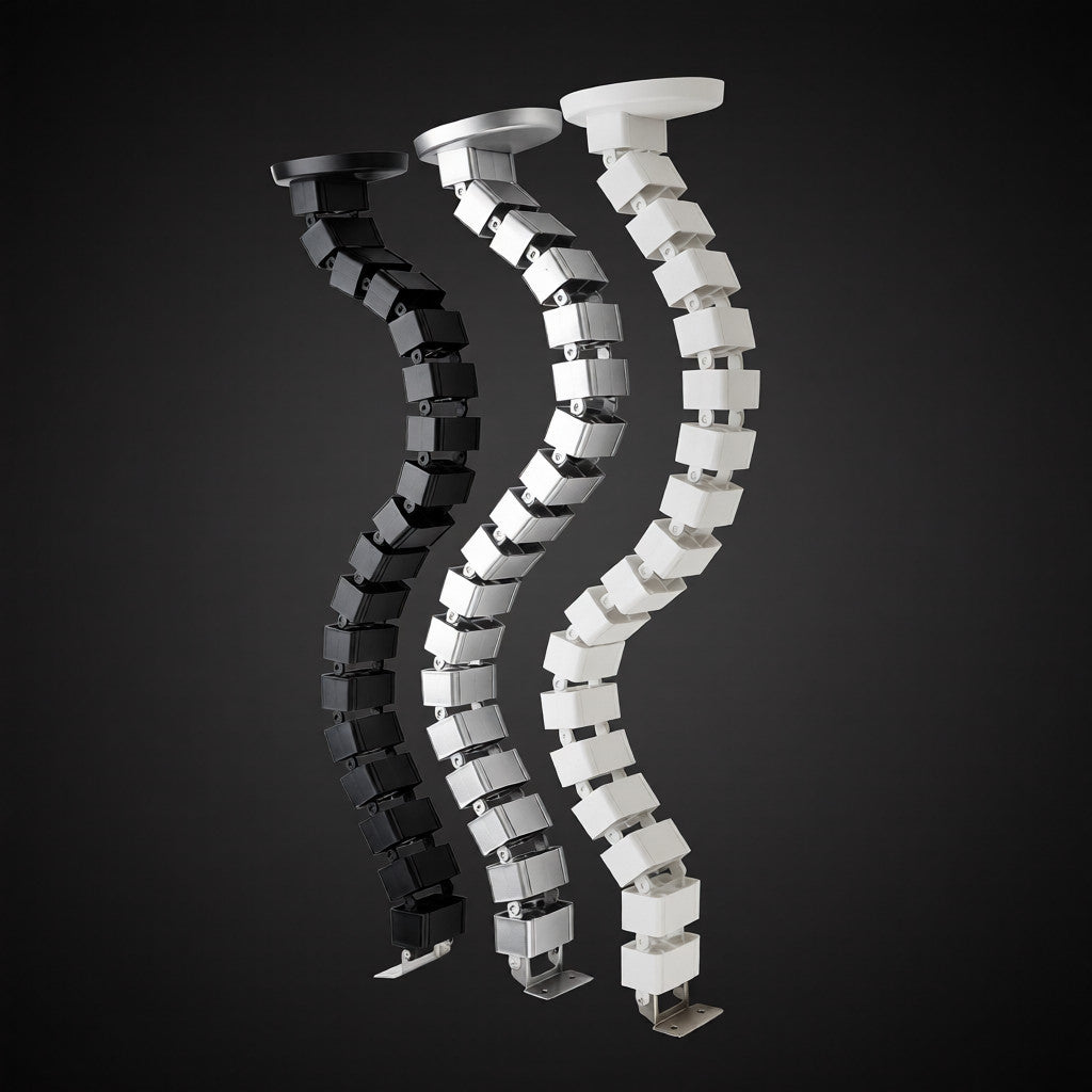 Flexible cable management tube shown in black and white color options for desk wire organization