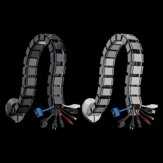 Cable management tube containing multiple cables to demonstrate wire management for desk setups