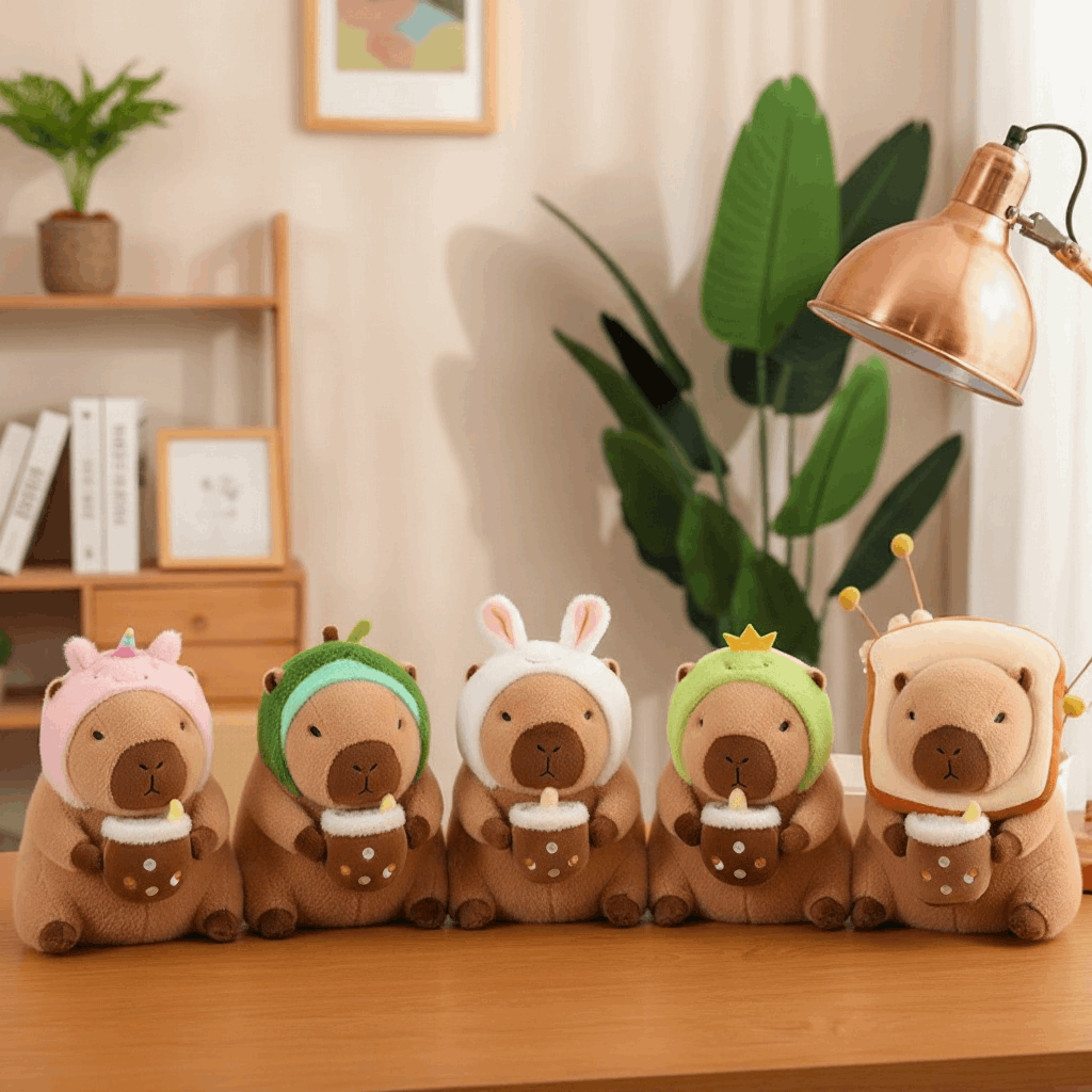A lineup of Capybara plush characters from Zyko’s collection of high quality stuffed animals, styled in a cozy home setting with soft plush material details.