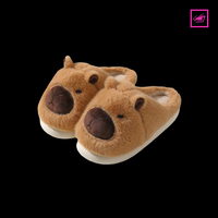 Pair of brown capybara slippers on a black background