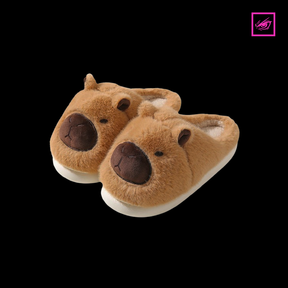 Pair of brown capybara slippers on a black background