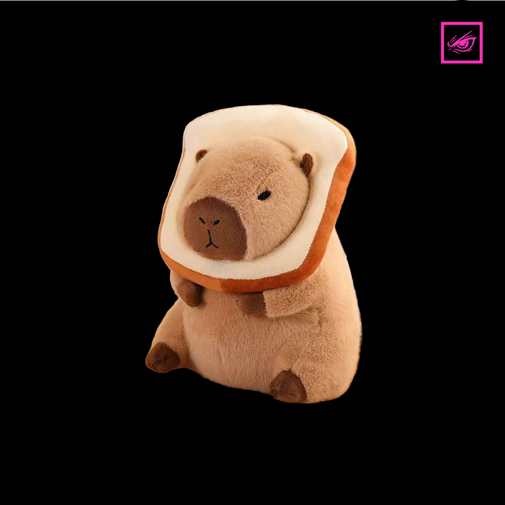 Plush toy capybara wearing a slice of bread on a black background