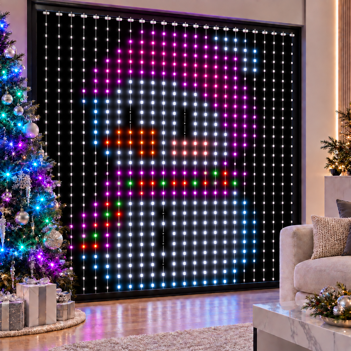 Christmas curtain lights displaying a colourful snowman design by a window