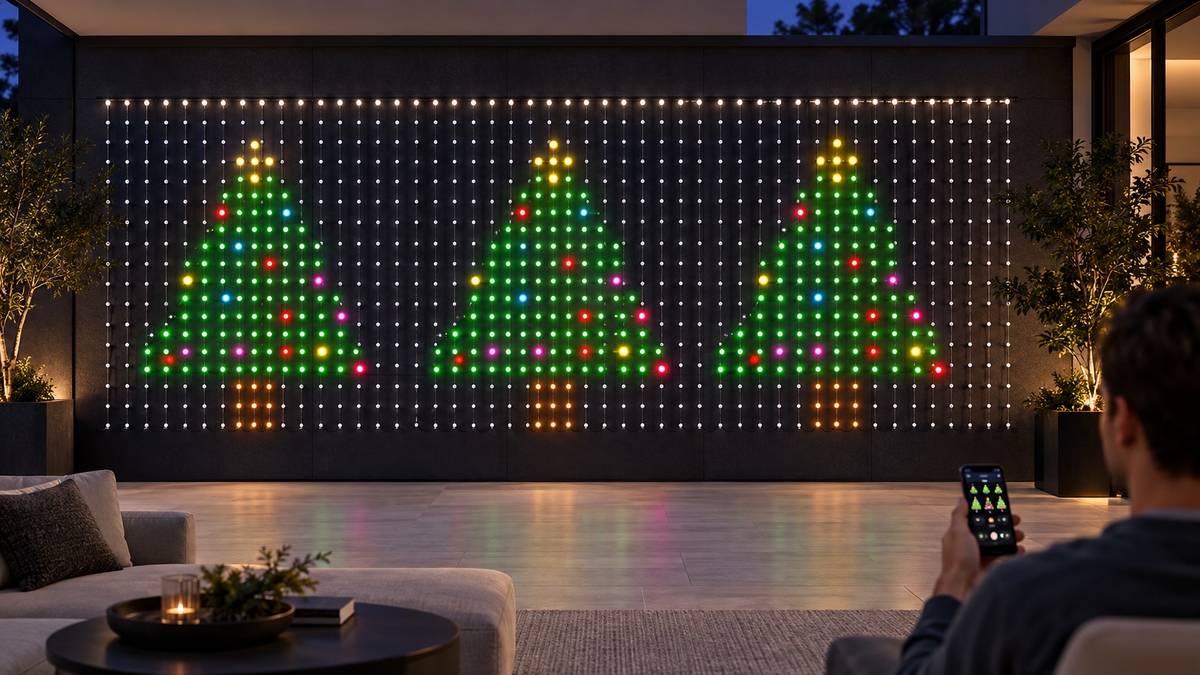 Christmas curtain lights displaying colourful Christmas tree designs across a wall