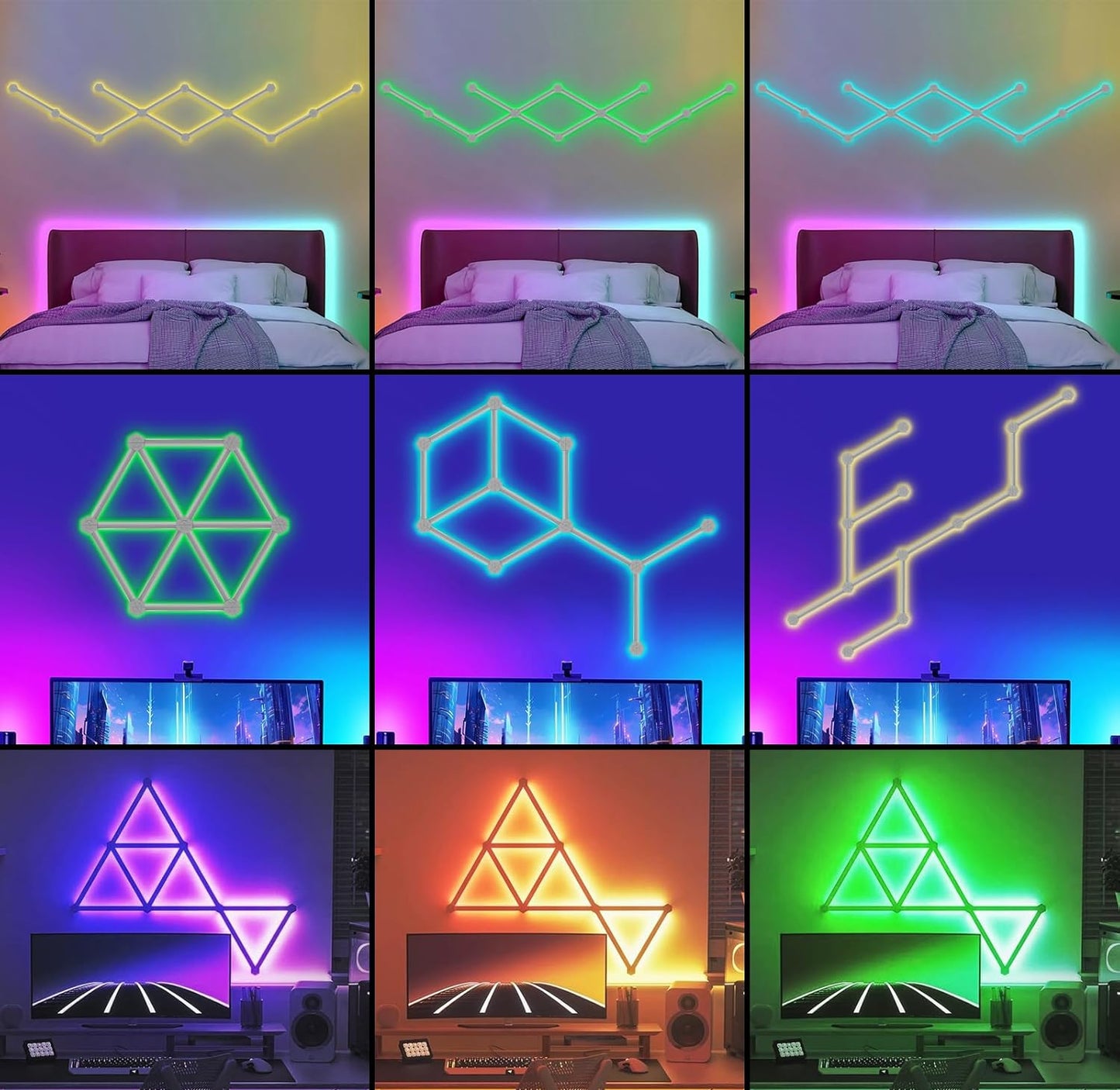 Variety of RGB wall light colors and shapes in modular layout