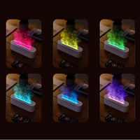 USB aroma diffuser color showcase displaying multiple LED flame light variations in dark rustic interior design.