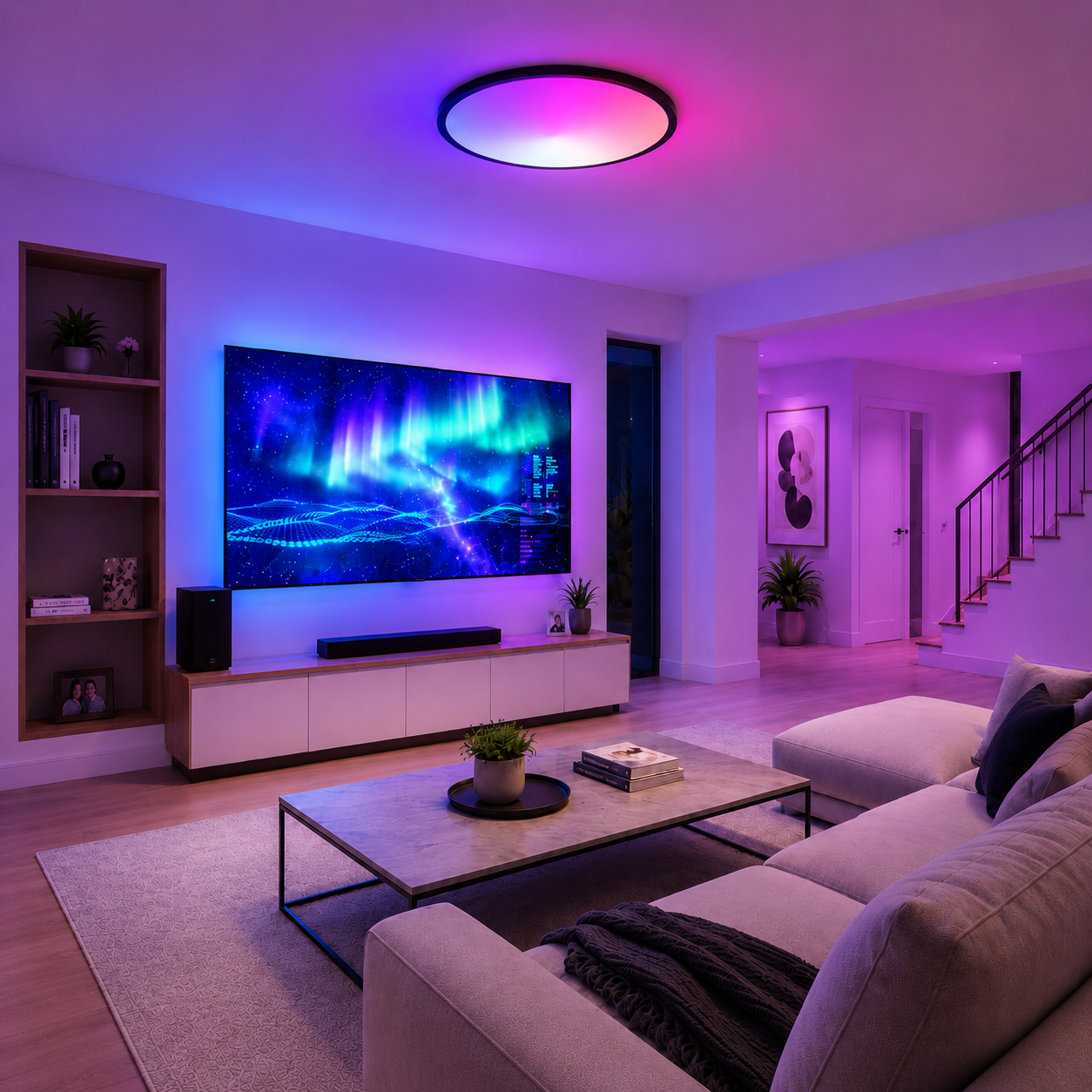 Colour-changing smart ceiling light creating pink, purple and blue ambience in a living room