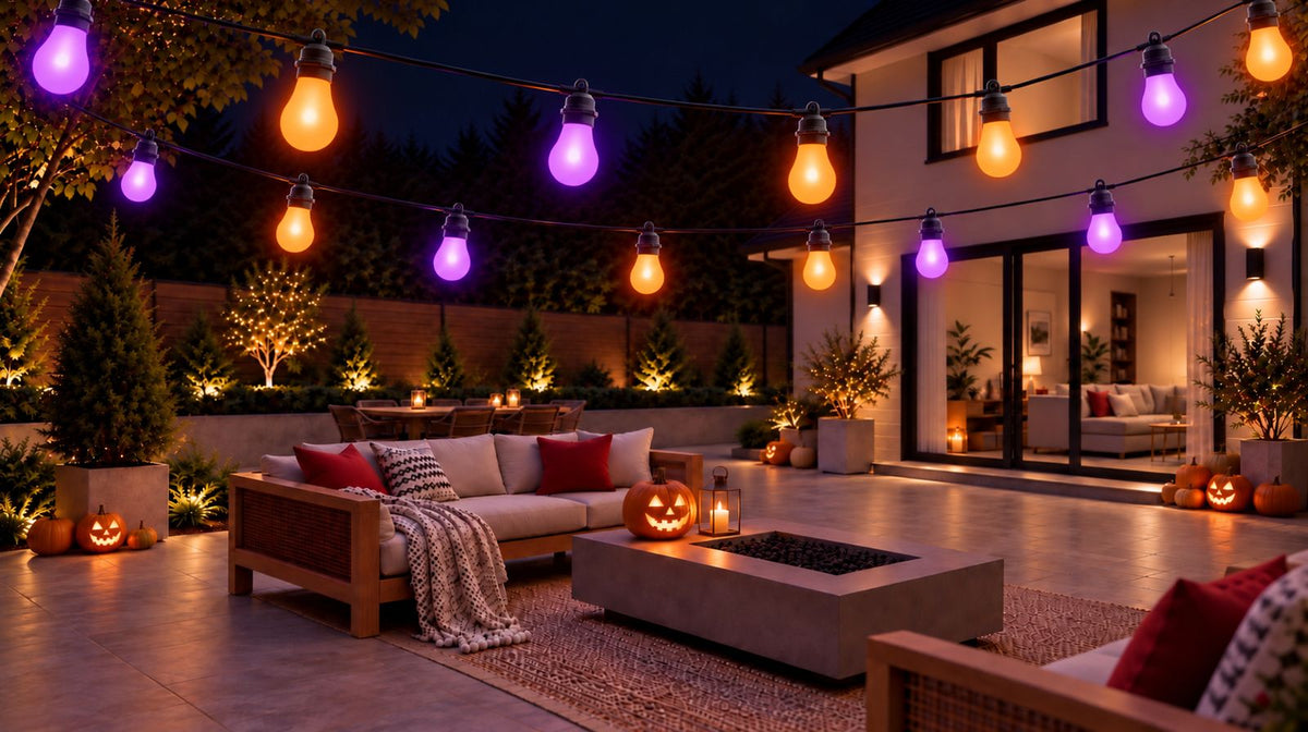 Colour changing festoon lights glowing orange and purple across a Halloween patio with pumpkins